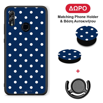 White Small Polka Dots on Navy - Honor 10 Lite θήκη + Δώρο Phone Holder & Βάση Αυτοκινήτου