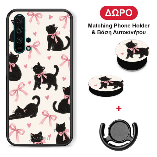 Black Kittens and Pink Bows on Cream Large - Honor 20 Pro θήκη + Δώρο Phone Holder & Βάση Αυτοκινήτου