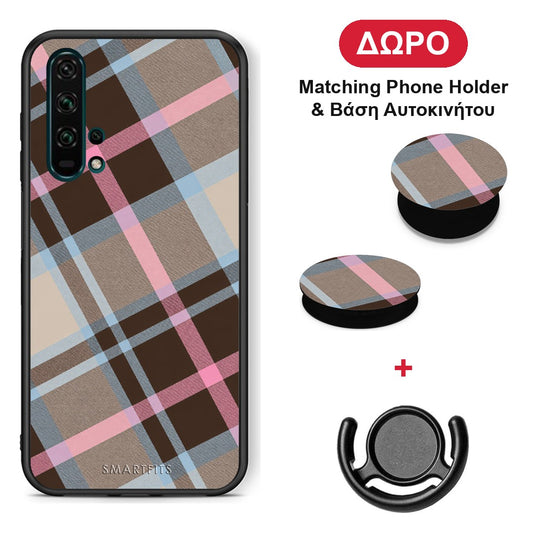 Brown Pink and Blue Diagonal Plaid - Honor 20 Pro θήκη + Δώρο Phone Holder & Βάση Αυτοκινήτου