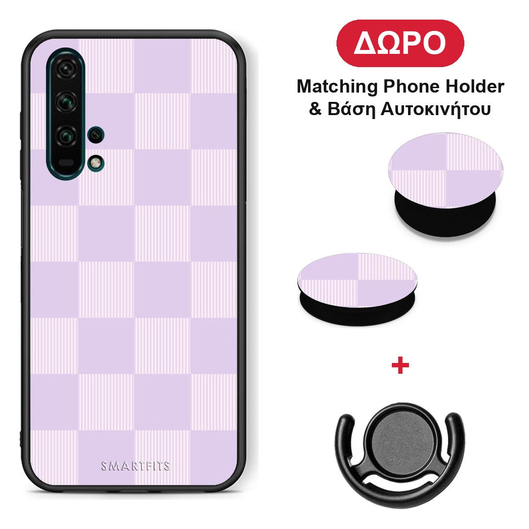 Lilac and Cream Striped Checks - Honor 20 Pro θήκη + Δώρο Phone Holder & Βάση Αυτοκινήτου