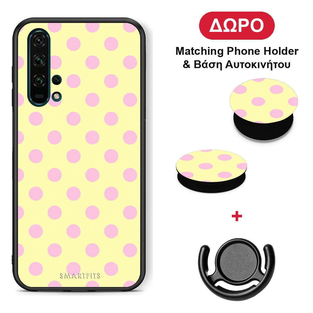 Pink Polka Dots on Yellow - Honor 20 Pro θήκη + Δώρο Phone Holder & Βάση Αυτοκινήτου