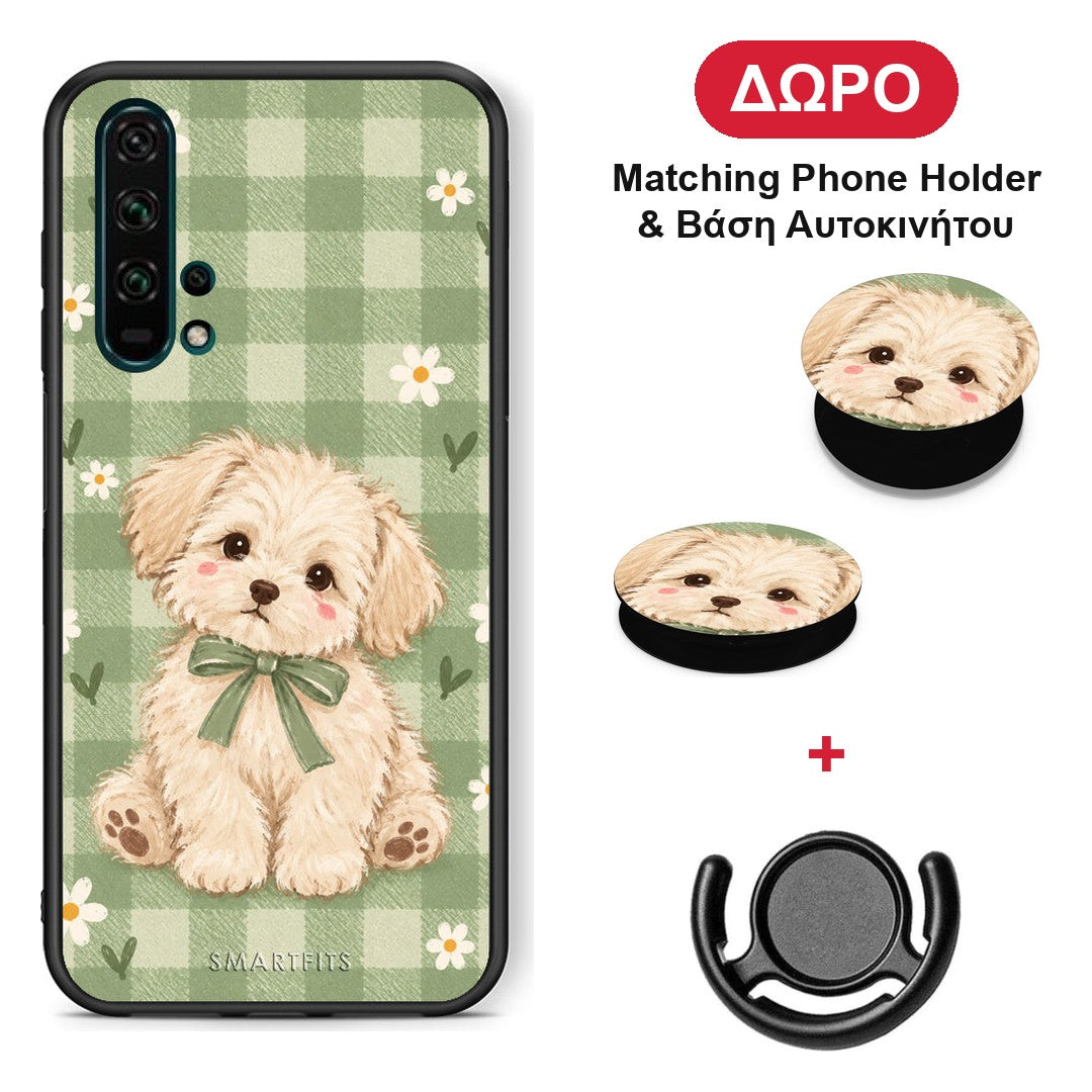 Puppy and Daisies on Sage Gingham - Honor 20 Pro θήκη + Δώρο Phone Holder & Βάση Αυτοκινήτου