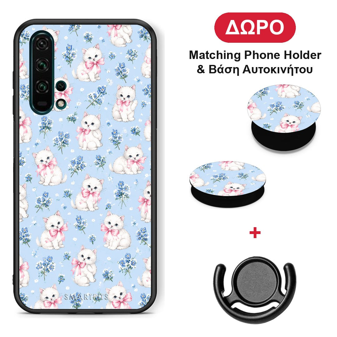 White Kittens and Blue Flowers Small - Honor 20 Pro θήκη + Δώρο Phone Holder & Βάση Αυτοκινήτου