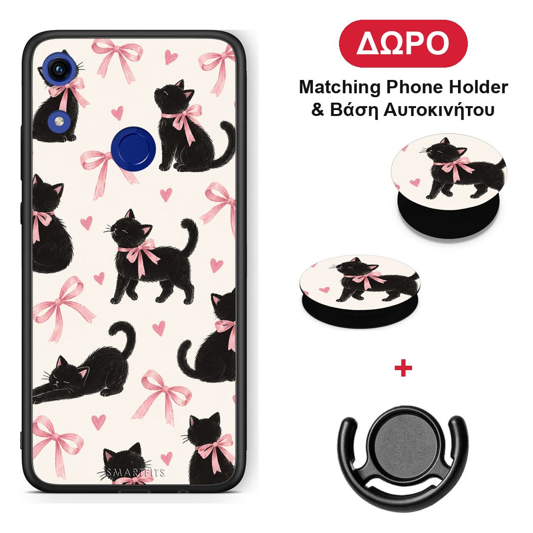 Black Kittens and Pink Bows on Cream Large - Honor 8A θήκη + Δώρο Phone Holder & Βάση Αυτοκινήτου