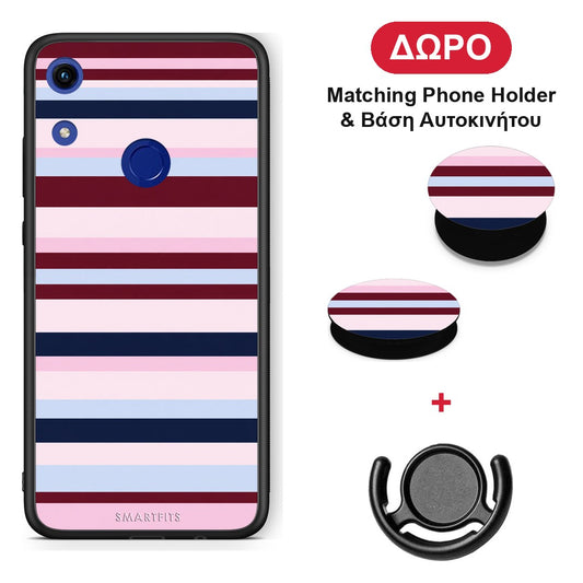 Burgundy Pink and Blue Horizontal Stripes - Honor 8A θήκη + Δώρο Phone Holder & Βάση Αυτοκινήτου