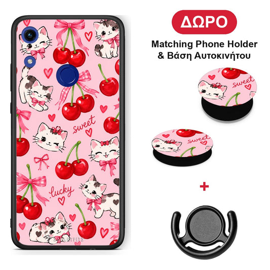 Cherries Bows and Kittens on Pink - Honor 8A θήκη + Δώρο Phone Holder & Βάση Αυτοκινήτου