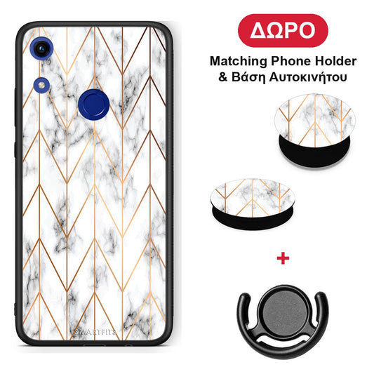 Marble Gold Geometric - Honor 8A θήκη + Δώρο Phone Holder & Βάση Αυτοκινήτου