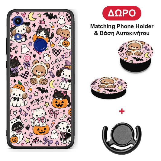 Halloween Cute Animals on Pink - Honor 8A θήκη + Δώρο Phone Holder & Βάση Αυτοκινήτου