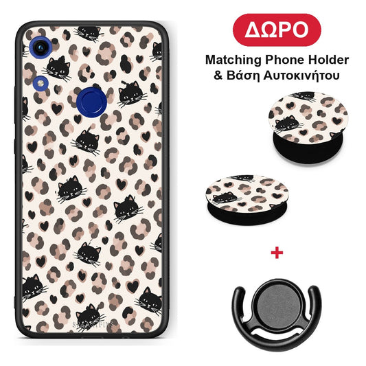 Leopard Spots and Black Cats on Cream - Honor 8A θήκη + Δώρο Phone Holder & Βάση Αυτοκινήτου