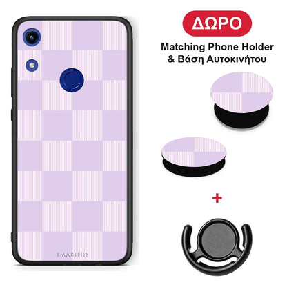 Lilac and Cream Striped Checks - Honor 8A θήκη + Δώρο Phone Holder & Βάση Αυτοκινήτου
