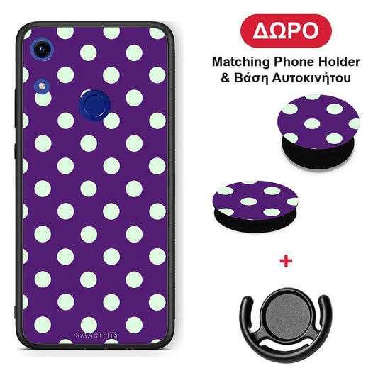 Mint Polka Dots on Purple - Honor 8A θήκη + Δώρο Phone Holder & Βάση Αυτοκινήτου