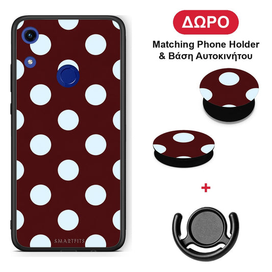 Pale Blue Large Polka Dots on Burgundy - Honor 8A θήκη + Δώρο Phone Holder & Βάση Αυτοκινήτου