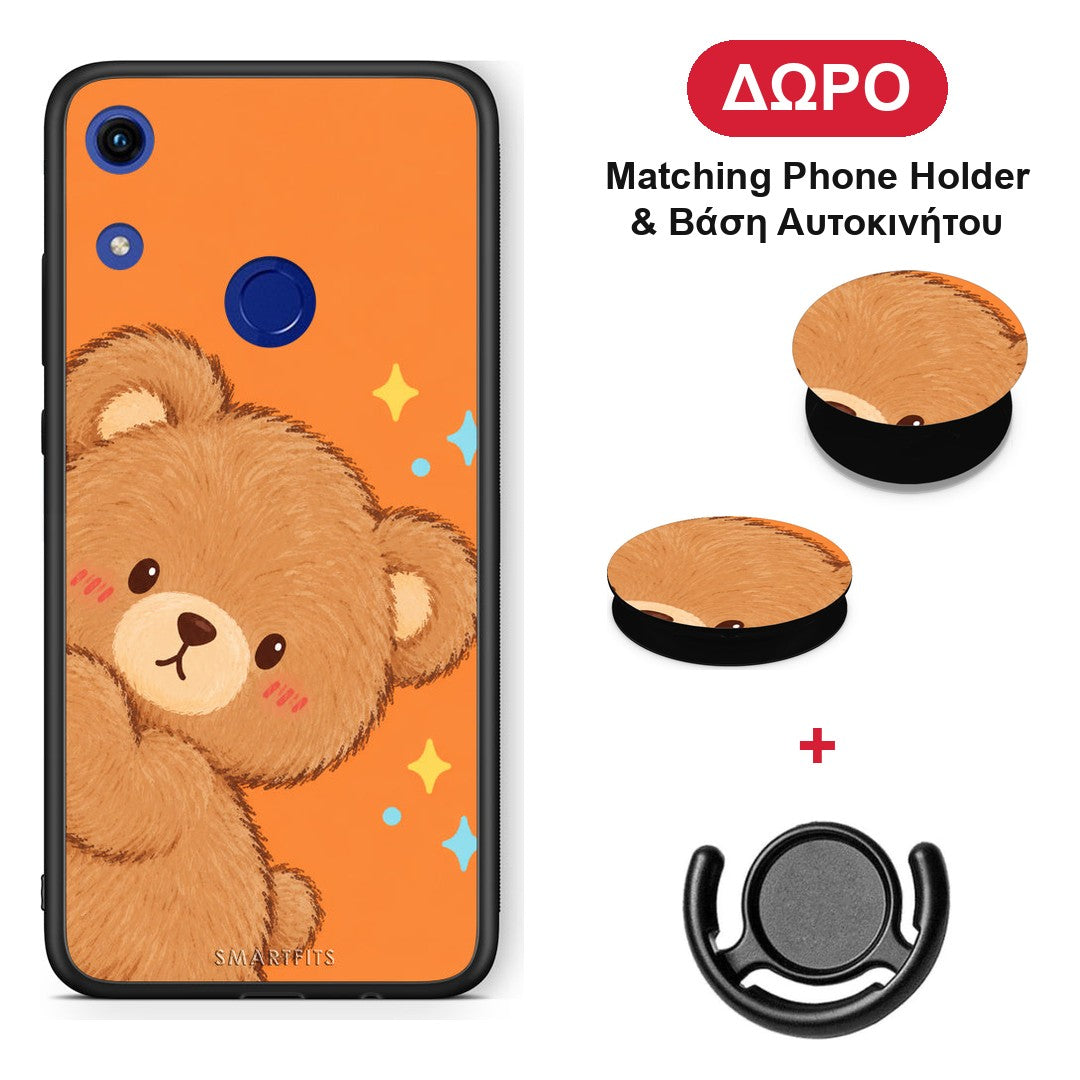 Peekaboo Teddy on Orange - Honor 8A θήκη + Δώρο Phone Holder & Βάση Αυτοκινήτου