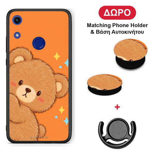 Peekaboo Teddy on Orange - Honor 8A θήκη + Δώρο Phone Holder & Βάση Αυτοκινήτου