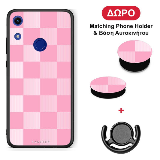 Pink and White Striped Checks - Honor 8A θήκη + Δώρο Phone Holder & Βάση Αυτοκινήτου
