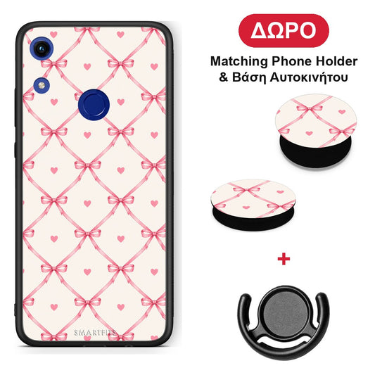 Pink Bow Lattice and Hearts on Cream - Honor 8A θήκη + Δώρο Phone Holder & Βάση Αυτοκινήτου