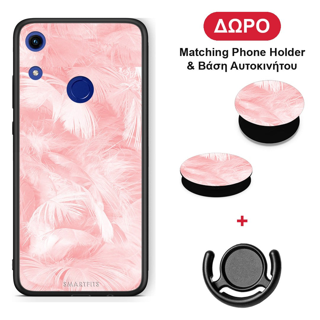 Boho Pink Feather - Honor 8A θήκη + Δώρο Phone Holder & Βάση Αυτοκινήτου
