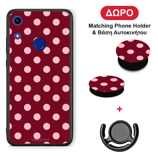 Pink Polka Dots on Burgundy - Honor 8A θήκη + Δώρο Phone Holder & Βάση Αυτοκινήτου
