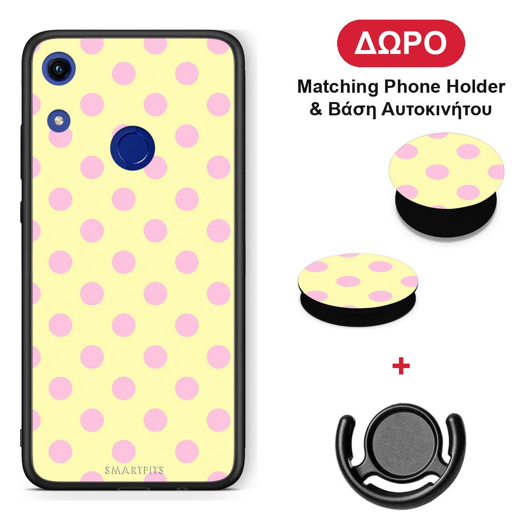 Pink Polka Dots on Yellow - Honor 8A θήκη + Δώρο Phone Holder & Βάση Αυτοκινήτου