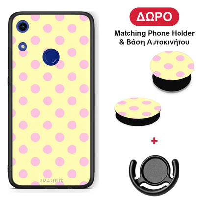 Pink Polka Dots on Yellow - Honor 8A θήκη + Δώρο Phone Holder & Βάση Αυτοκινήτου