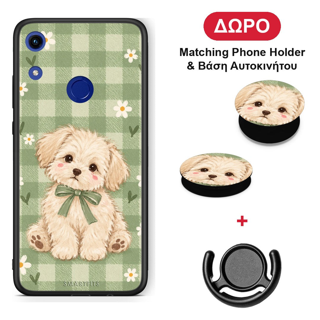 Puppy and Daisies on Sage Gingham - Honor 8A θήκη + Δώρο Phone Holder & Βάση Αυτοκινήτου