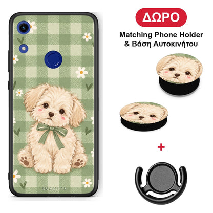 Puppy and Daisies on Sage Gingham - Honor 8A θήκη + Δώρο Phone Holder & Βάση Αυτοκινήτου