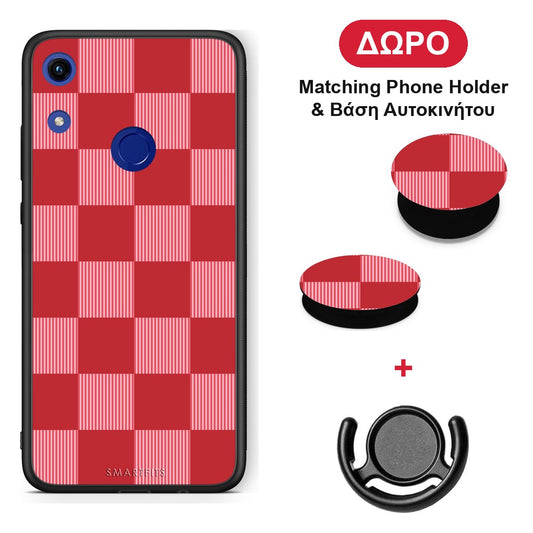 Red and Pink Striped Checks - Honor 8A θήκη + Δώρο Phone Holder & Βάση Αυτοκινήτου