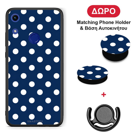 White Large Polka Dots on Navy - Honor 8A θήκη + Δώρο Phone Holder & Βάση Αυτοκινήτου