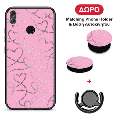 Barbed Wire Hearts on Pink - Honor 8x θήκη + Δώρο Phone Holder & Βάση Αυτοκινήτου