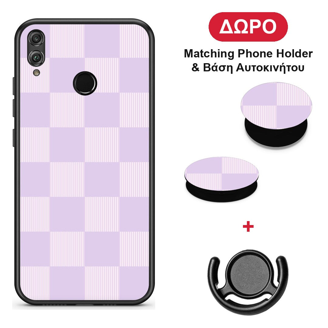 Lilac and Cream Striped Checks - Honor 8x θήκη + Δώρο Phone Holder & Βάση Αυτοκινήτου