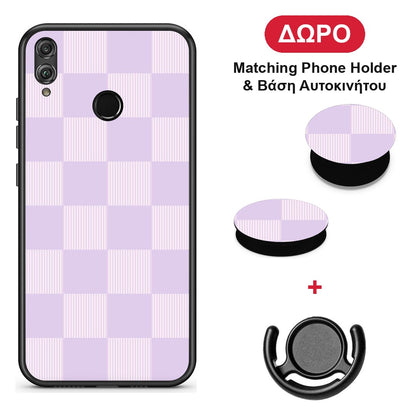 Lilac and Cream Striped Checks - Honor 8x θήκη + Δώρο Phone Holder & Βάση Αυτοκινήτου