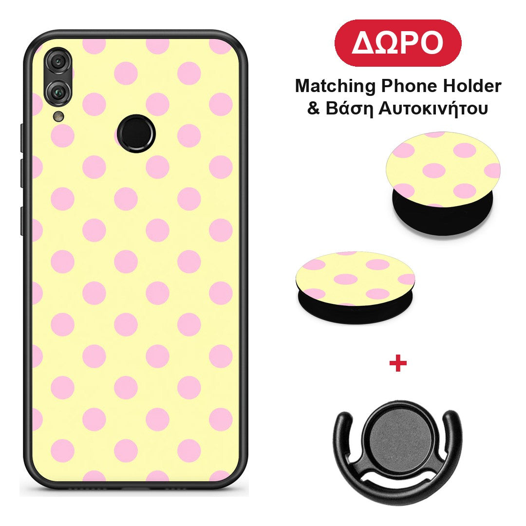 Pink Polka Dots on Yellow - Honor 8x θήκη + Δώρο Phone Holder & Βάση Αυτοκινήτου