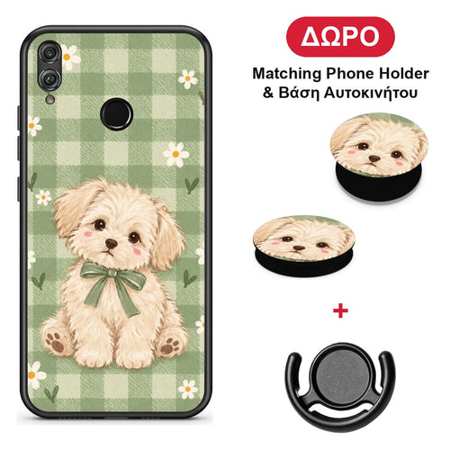 Puppy and Daisies on Sage Gingham - Honor 8x θήκη + Δώρο Phone Holder & Βάση Αυτοκινήτου