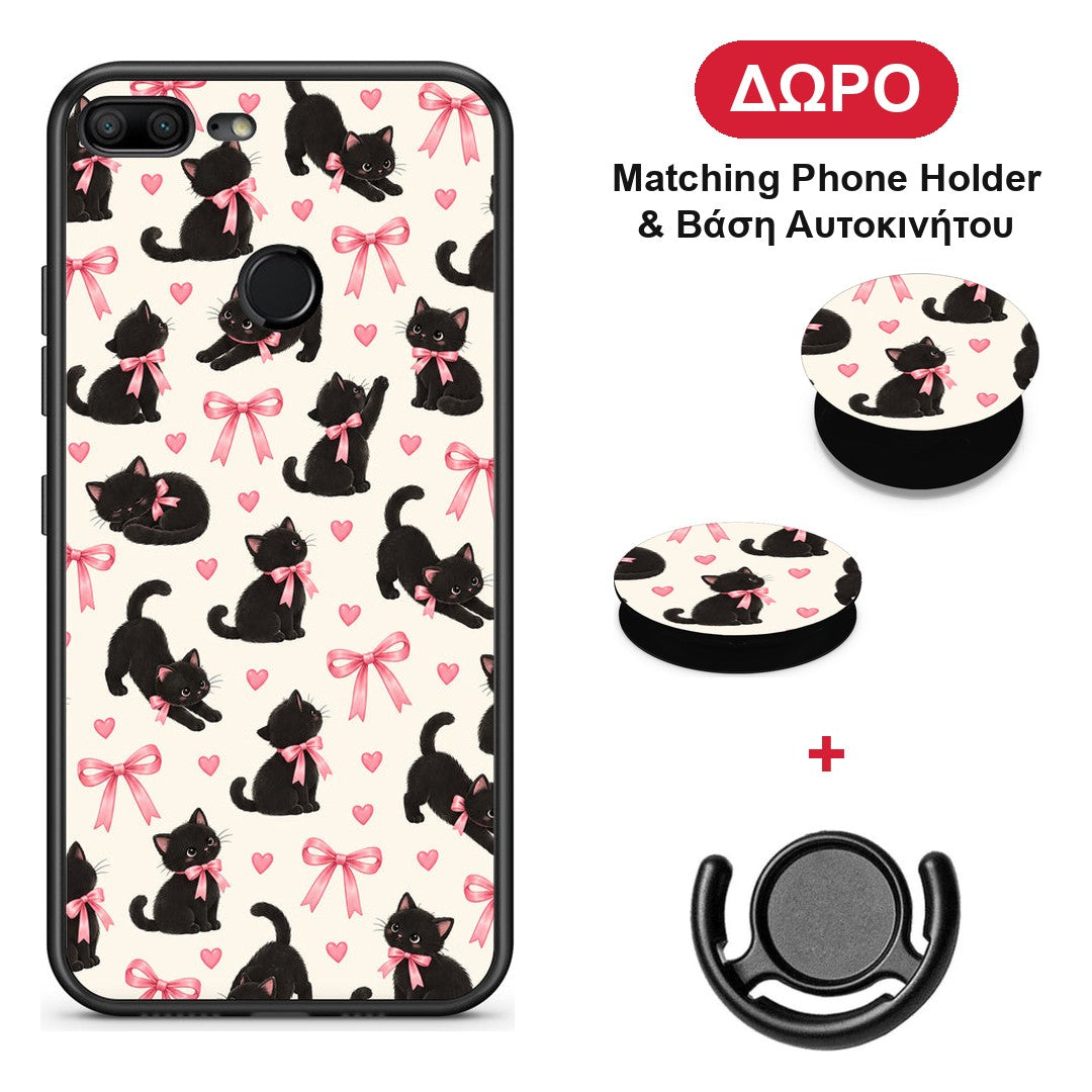 Black Kittens and Pink Bows on Cream Small - Honor 9 Lite θήκη + Δώρο Phone Holder & Βάση Αυτοκινήτου