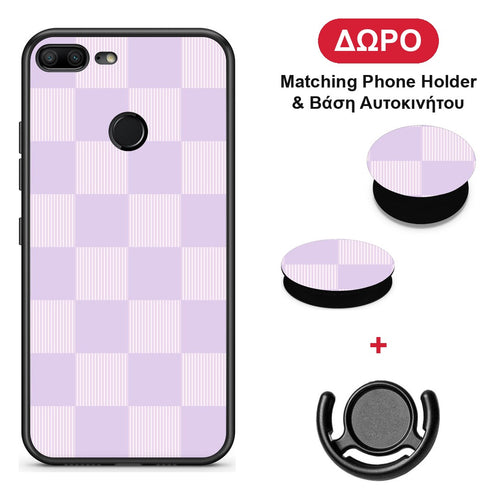 Lilac and Cream Striped Checks - Honor 9 Lite θήκη + Δώρο Phone Holder & Βάση Αυτοκινήτου