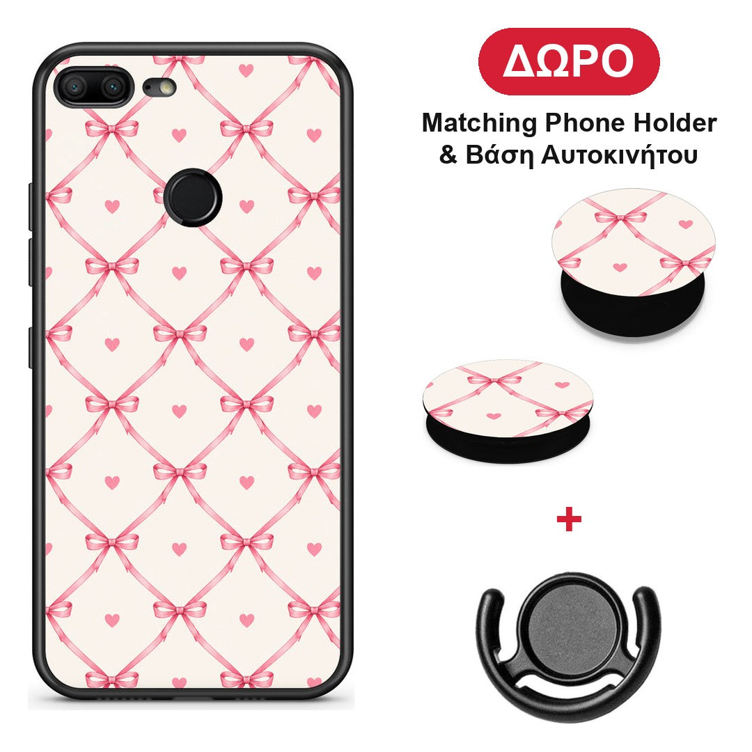 Pink Bow Lattice and Hearts on Cream - Honor 9 Lite θήκη + Δώρο Phone Holder & Βάση Αυτοκινήτου