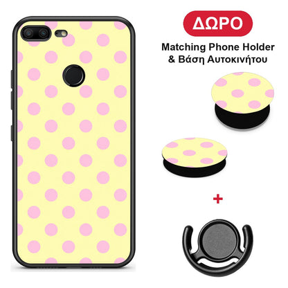 Pink Polka Dots on Yellow - Honor 9 Lite θήκη + Δώρο Phone Holder & Βάση Αυτοκινήτου