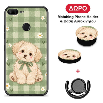 Puppy and Daisies on Sage Gingham - Honor 9 Lite θήκη + Δώρο Phone Holder & Βάση Αυτοκινήτου