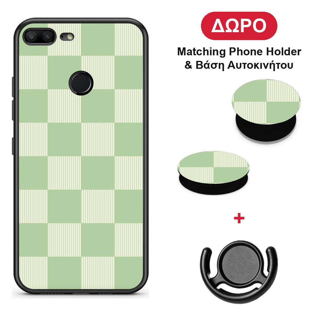 Sage and Cream Striped Checks - Honor 9 Lite θήκη + Δώρο Phone Holder & Βάση Αυτοκινήτου