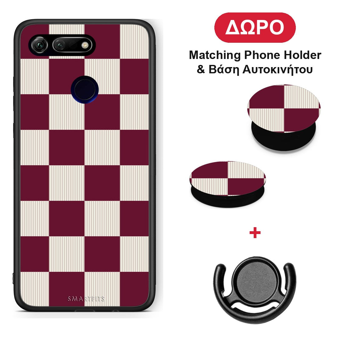 Burgundy and Cream Striped Checks - Honor View 20 θήκη + Δώρο Phone Holder & Βάση Αυτοκινήτου