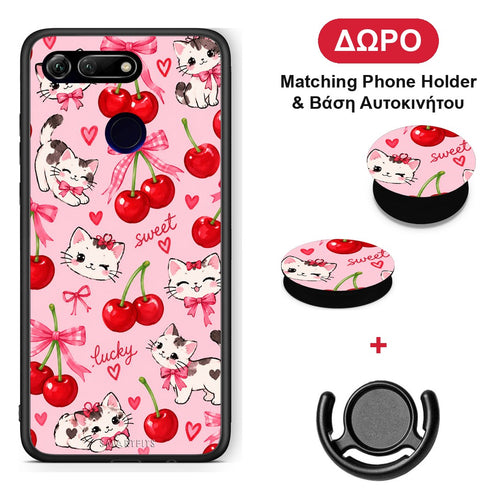 Cherries Bows and Kittens on Pink - Honor View 20 θήκη + Δώρο Phone Holder & Βάση Αυτοκινήτου
