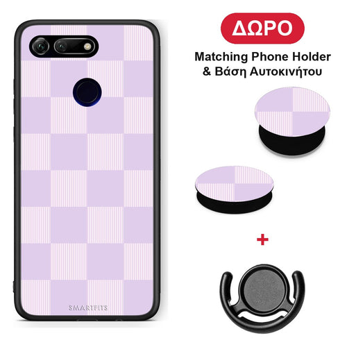 Lilac and Cream Striped Checks - Honor View 20 θήκη + Δώρο Phone Holder & Βάση Αυτοκινήτου