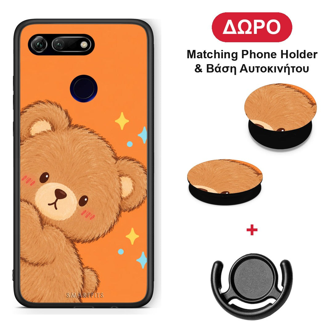 Peekaboo Teddy on Orange - Honor View 20 θήκη + Δώρο Phone Holder & Βάση Αυτοκινήτου