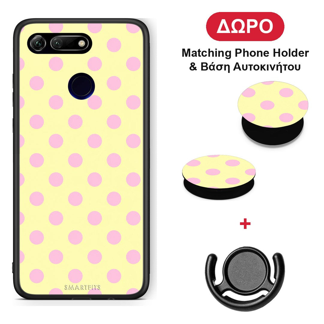 Pink Polka Dots on Yellow - Honor View 20 θήκη + Δώρο Phone Holder & Βάση Αυτοκινήτου