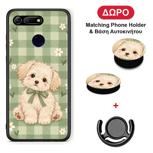 Puppy and Daisies on Sage Gingham - Honor View 20 θήκη + Δώρο Phone Holder & Βάση Αυτοκινήτου