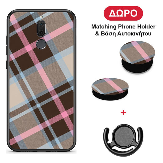 Brown Pink and Blue Diagonal Plaid - Huawei Mate 10 Lite θήκη + Δώρο Phone Holder & Βάση Αυτοκινήτου
