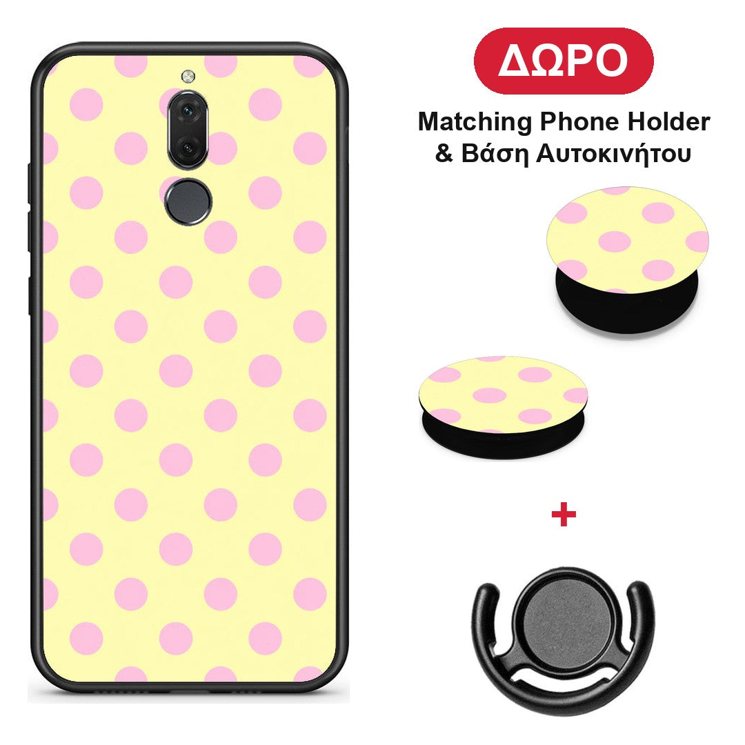 Pink Polka Dots on Yellow - Huawei Mate 10 Lite θήκη + Δώρο Phone Holder & Βάση Αυτοκινήτου