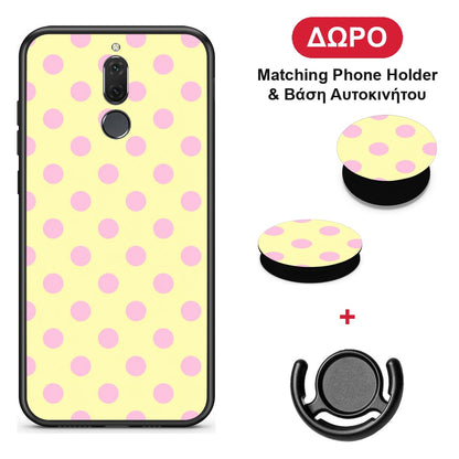 Pink Polka Dots on Yellow - Huawei Mate 10 Lite θήκη + Δώρο Phone Holder & Βάση Αυτοκινήτου