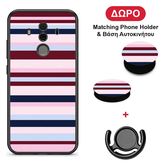 Burgundy Pink and Blue Horizontal Stripes - Huawei Mate 10 Pro θήκη + Δώρο Phone Holder & Βάση Αυτοκινήτου
