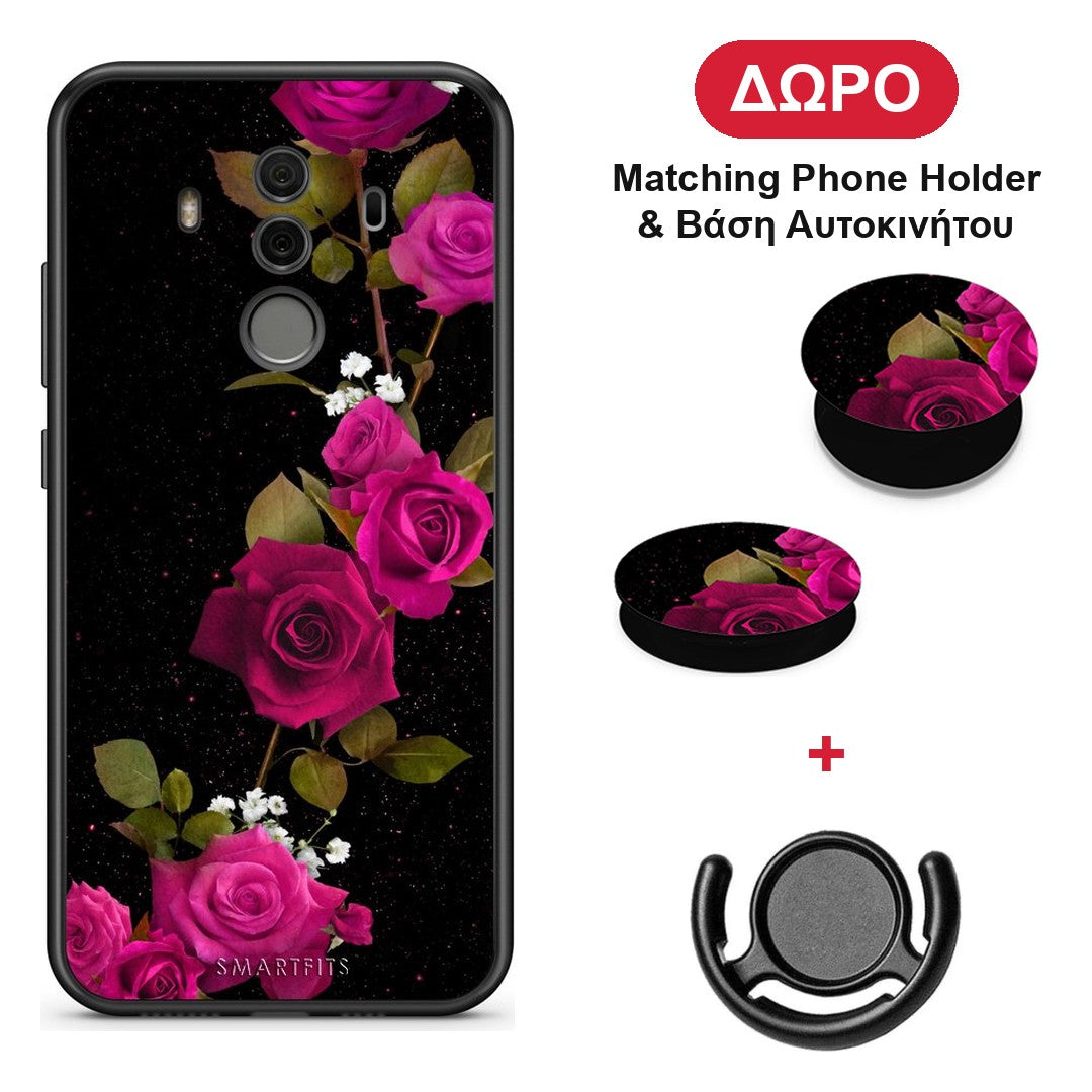 Flower Red Roses - Huawei Mate 10 Pro θήκη + Δώρο Phone Holder & Βάση Αυτοκινήτου